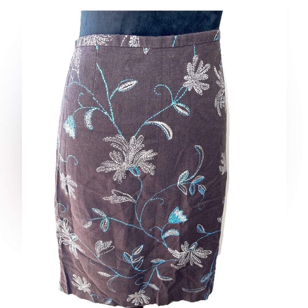 Giorgio Fiorlini Y2K linen‎ blend brown ladies skirt size 12 floral pattern knee